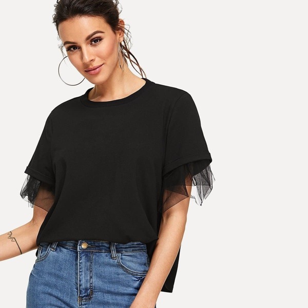 

Sheer Mesh Sleeve Tee