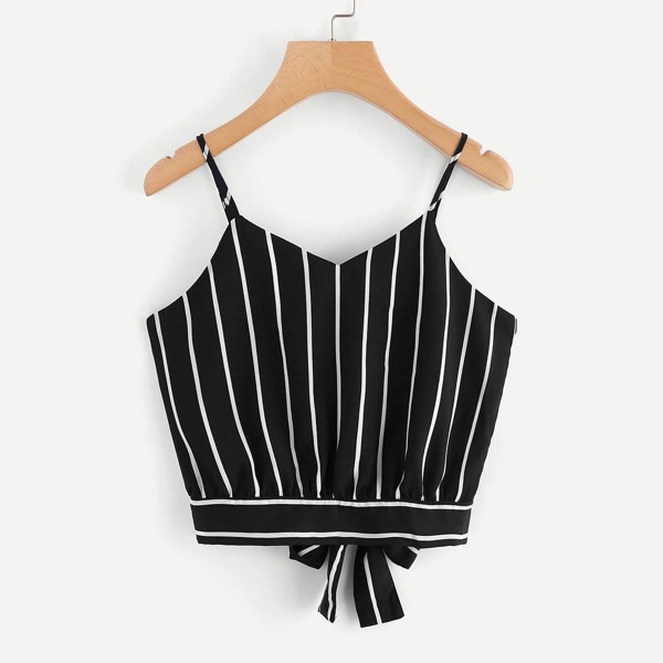 

Knot Back Striped Cami Top, Black and white