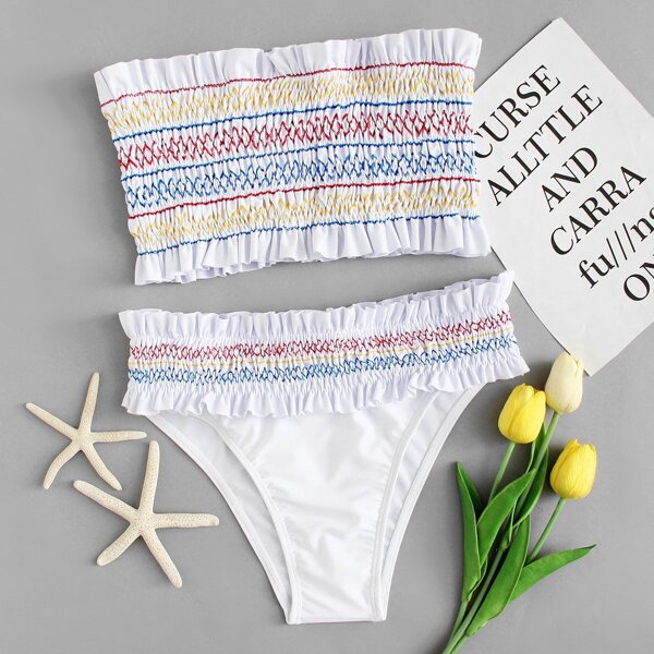 

Plus Shirred Bandeau With Frilled Bikini Set, White