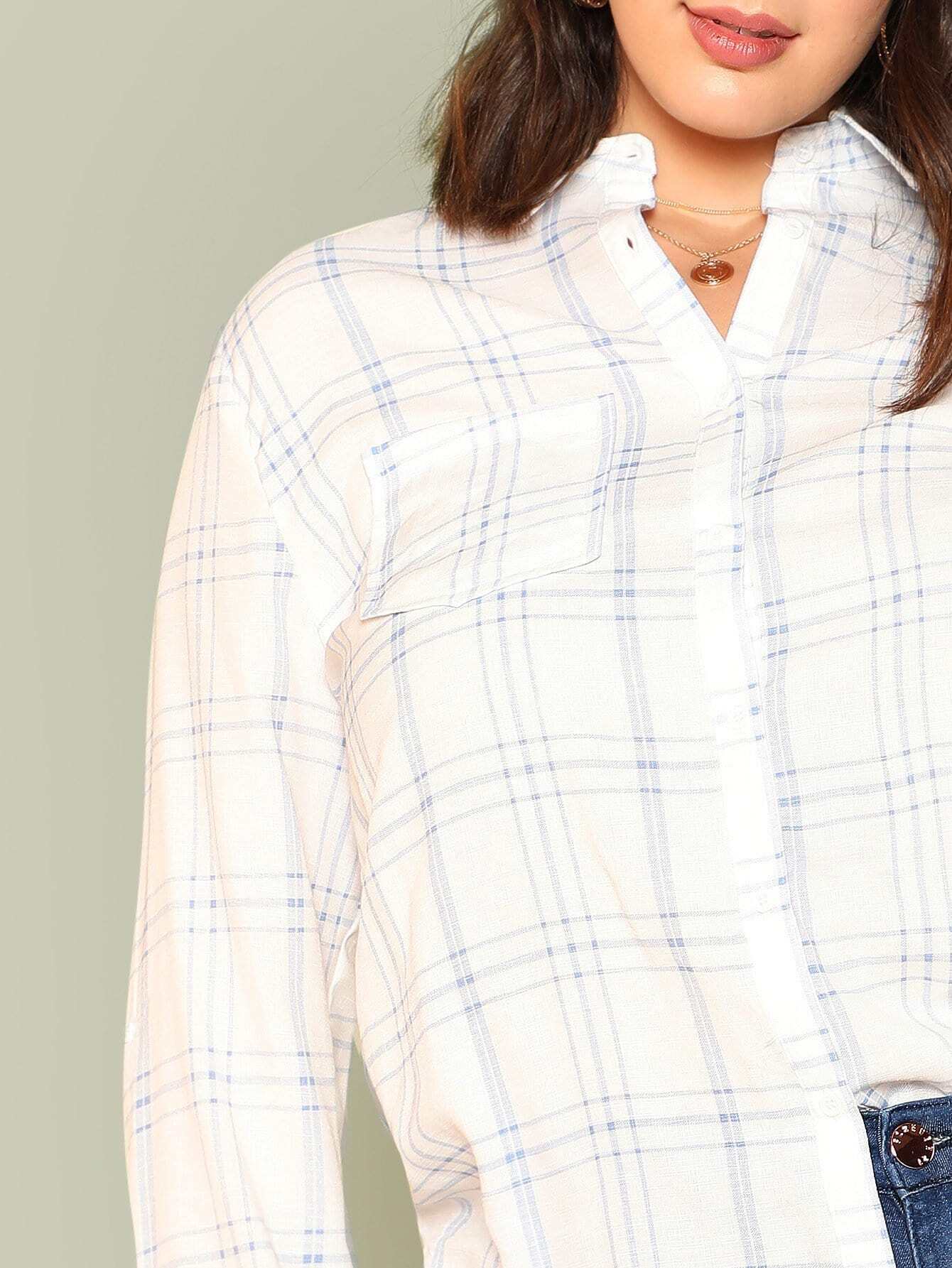 plus plaid button up dip hem top white blue