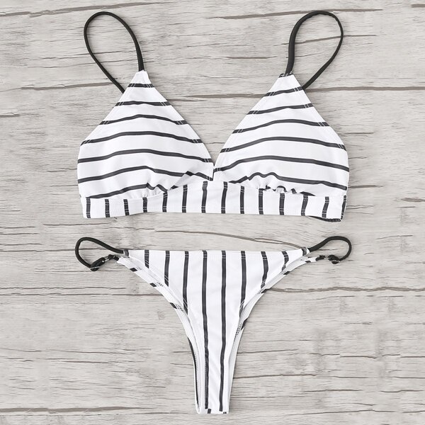 

Adjustable Straps Striped Bikini Set, Black and white