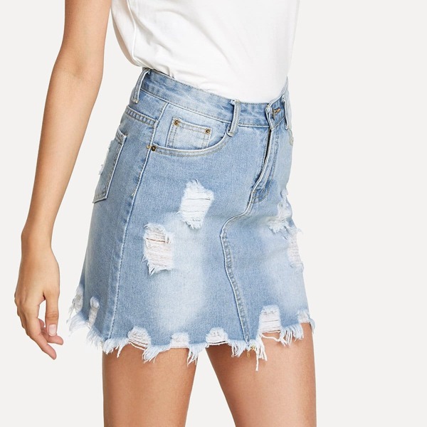 

Bleach Wash Ripped Denim SKirt