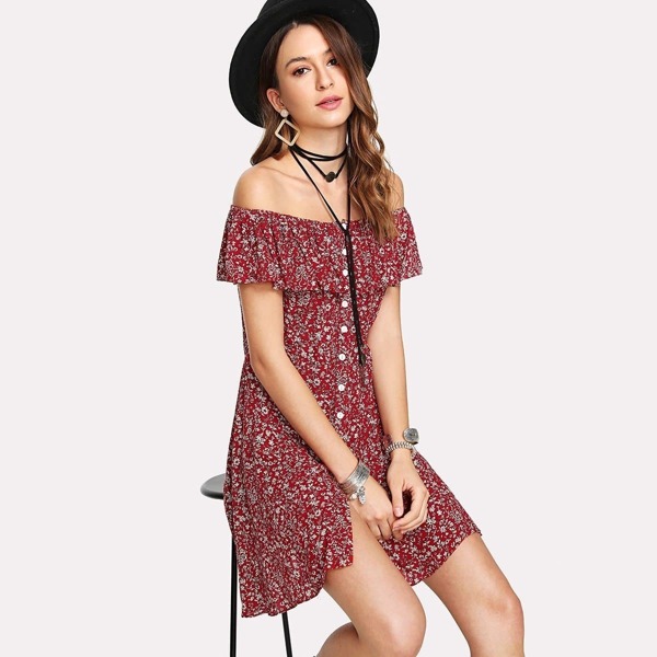 

Off Shoulder Calico Print Dress