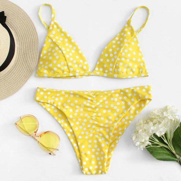 

Polka Dot Triangle Top With Ruched Detail Bikini Set