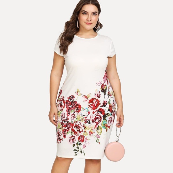 

Plus Floral Print Pencil Dress, White