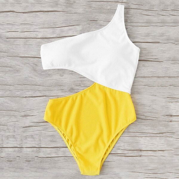 

Two Tone Cut Out One Piece Swimsuit, Multicolor