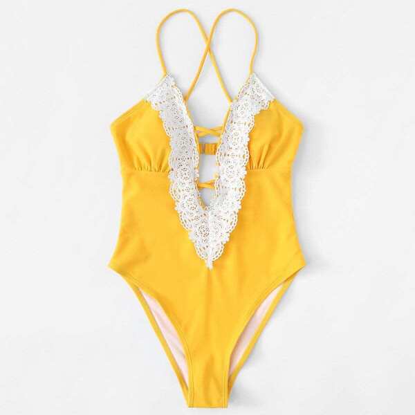 

Crochet Lace Plunge High Leg One Piece Swimwear