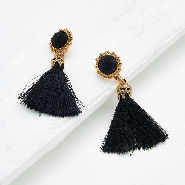 

Crystal Detail Tassel Drop Earrings, Black