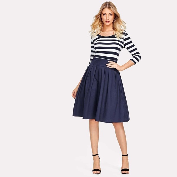 

Contrast Striped Zip Up Side Dress, Navy blue