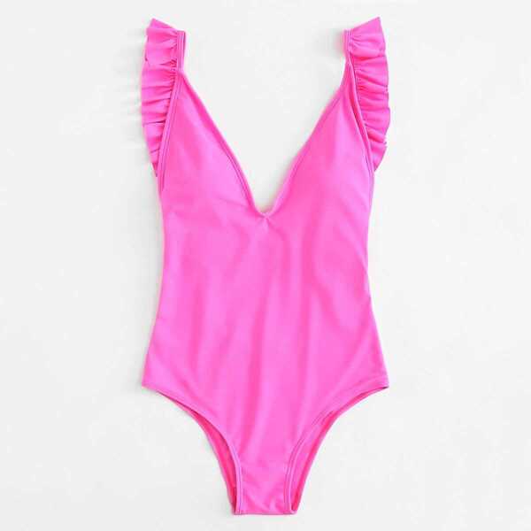 

Neon Pink Ruffle Detail Open Back One Piece Swimsuit