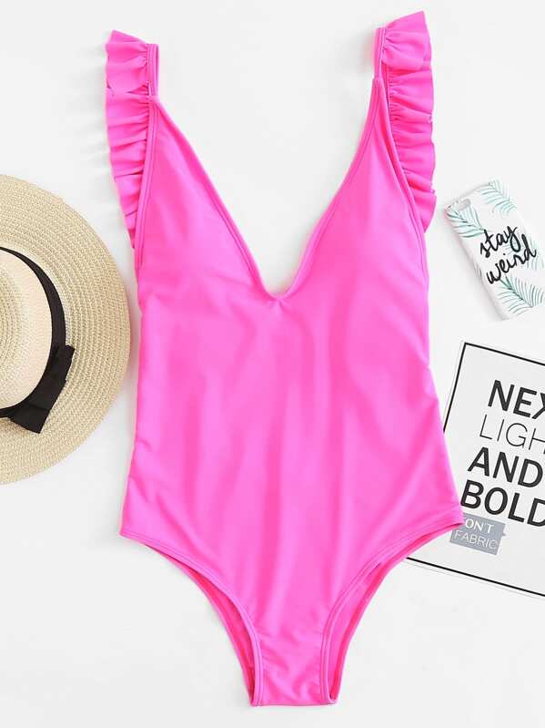 

Neon Pink Ruffle Detail Open Back One Piece Swimsuit