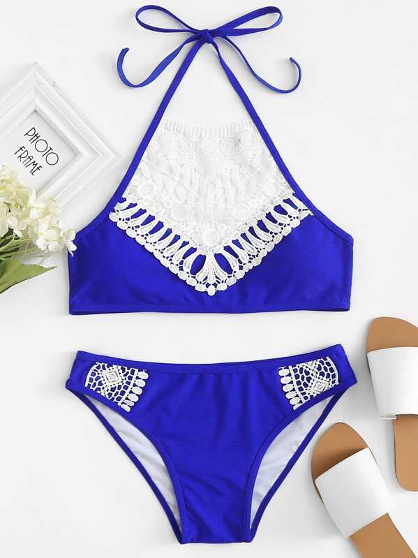 Crochet Panel Halter Top With Low Rise Bikini Set, Blue