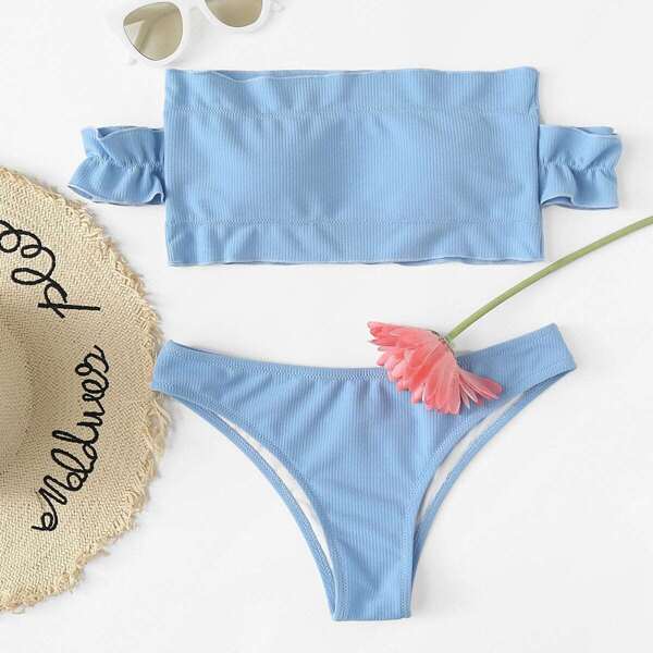 

Off The Shoulder Lettuce Trim Top With Hipster Bikini, Blue
