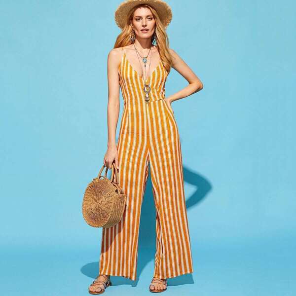 

Vertical-Striped Wide Leg Jumpsuit, Yellow