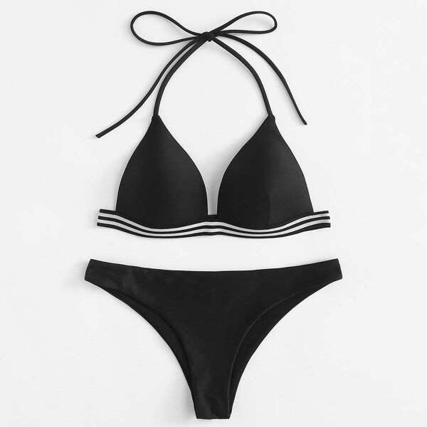

Striped Hem Triangle Bikini Set