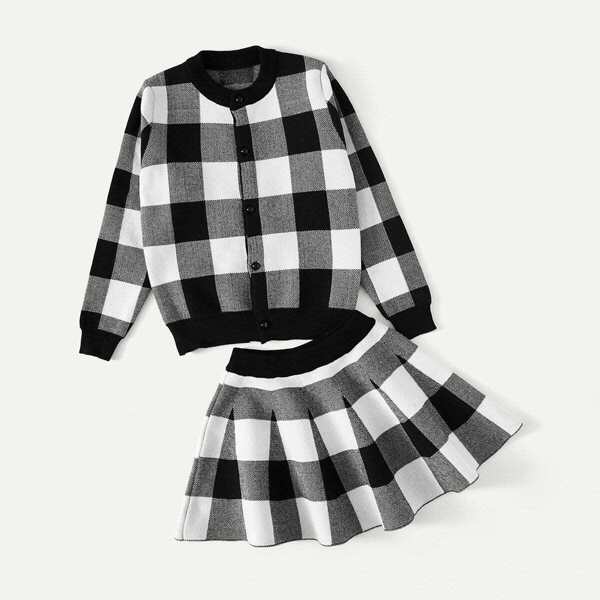 

Girls Check Plaid Jacket With Skirt, Black and white