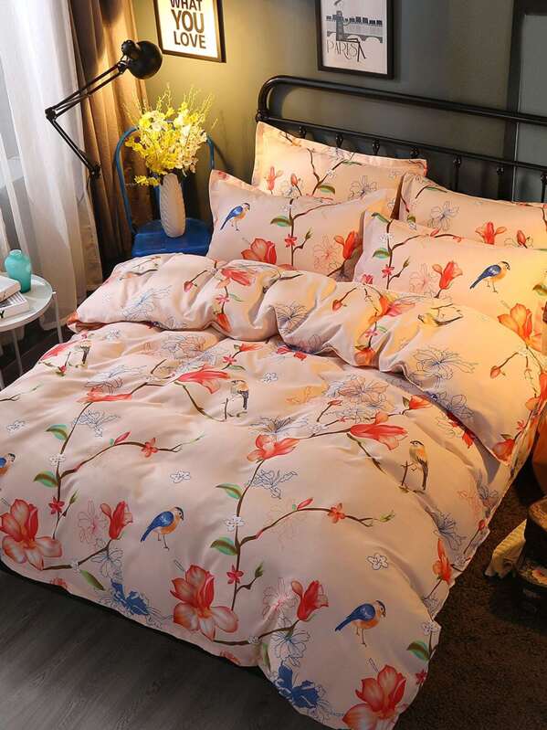 Flower Bird Print Duvet Cover Set