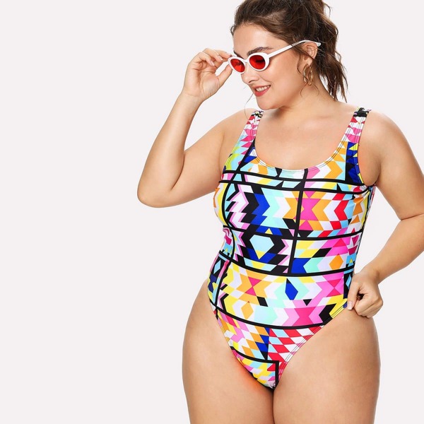 

Plus Patchwork One Piece Tank Swimsuit, Multicolor
