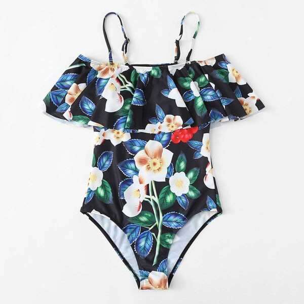 

Flower Print Flounce Spaghetti Strap One Piece Swimsuit