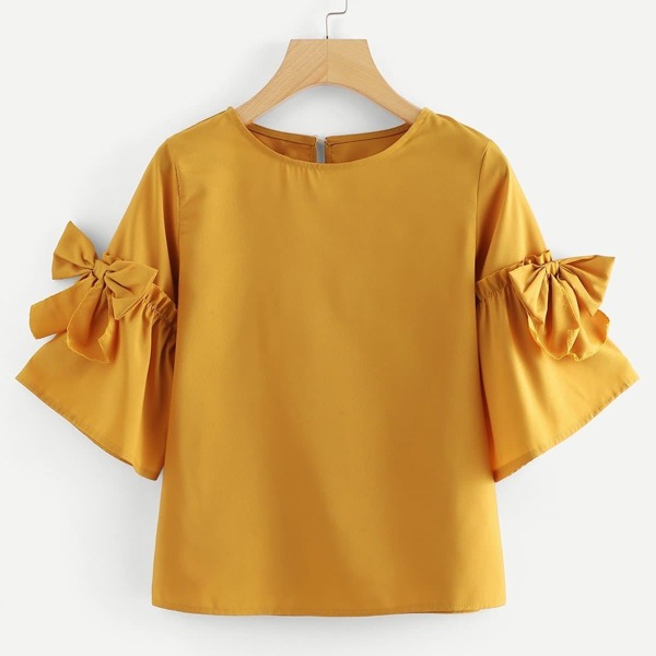 

Bow Detail Flounce Sleeve Keyhole Back Blouse, Yellow