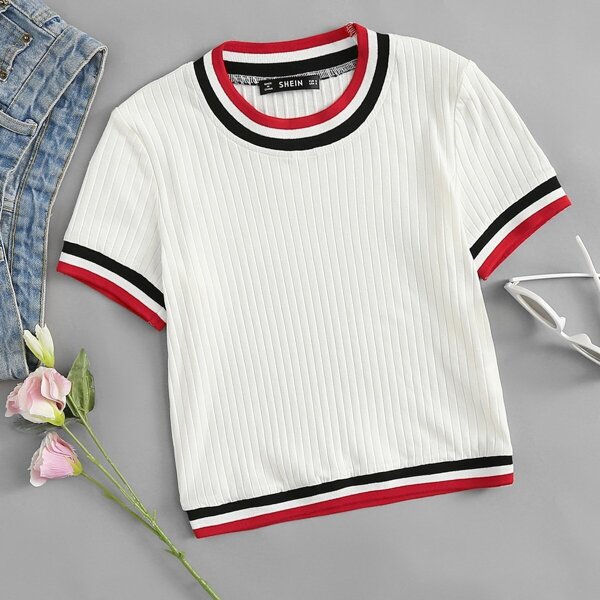 

Contrast Striped Trim Ribbed Crop Tee
