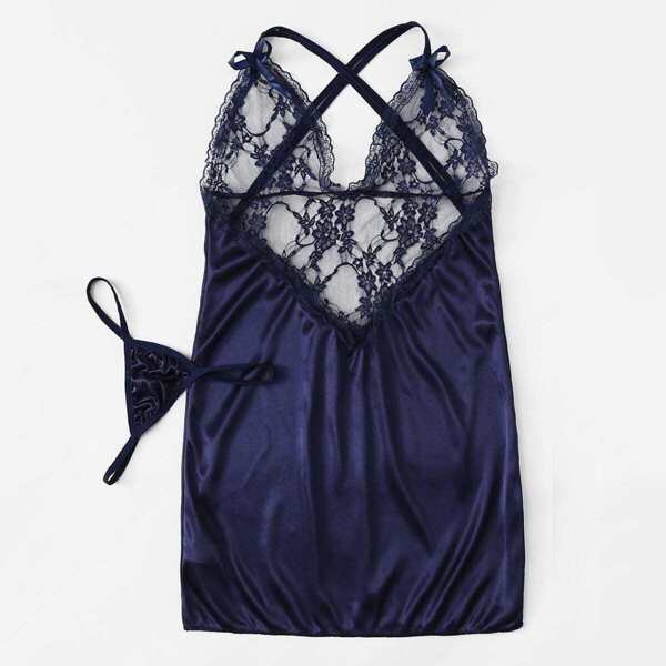 

Contrast Lace Satin Slips With Thong, Navy