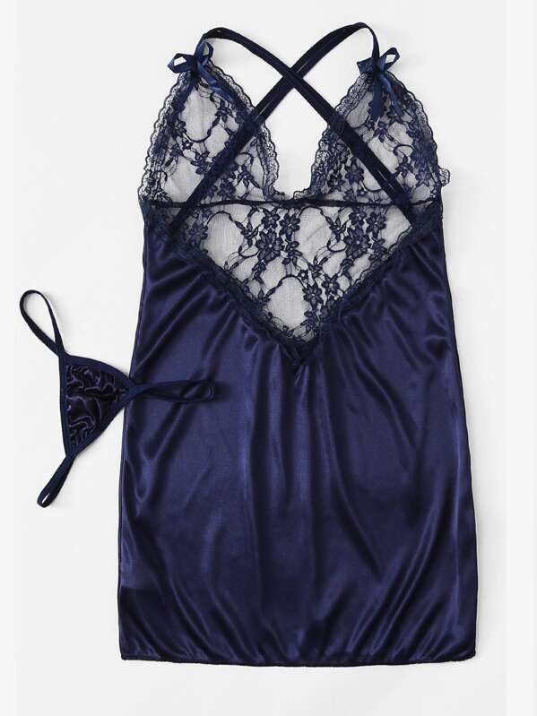 

Contrast Lace Satin Slips With Thong, Navy, Sasa