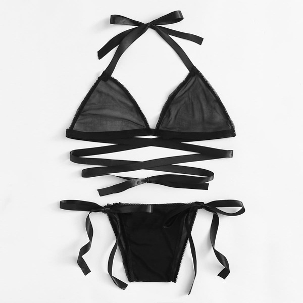 

Tie Side Mesh Lingerie Set