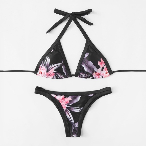 

Flower Print Triangle Bikini Set, Multicolor