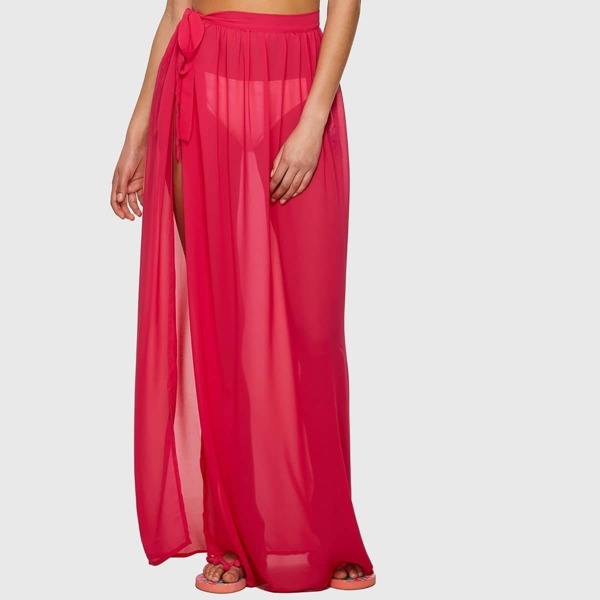 

Neon Pink Slit Side Semi Sheer Knot Cover Up Skirt, Red