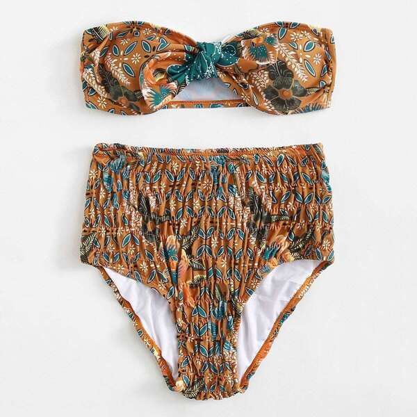

Plant Print Shirred Twist Bandeau With High Waisted Bikini, Multicolor