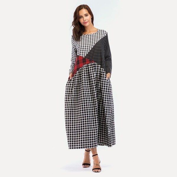 

Cut & Sew Plaid Maxi Dress, Black and white
