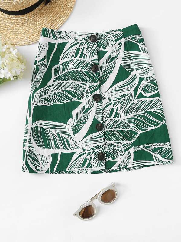 

Leaves Print Button Front Skirt, Green