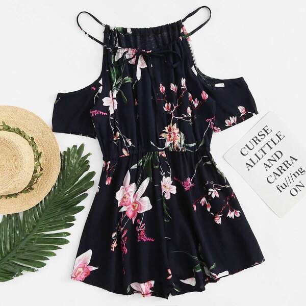 

Open Shoulder Floral Print Romper, Navy