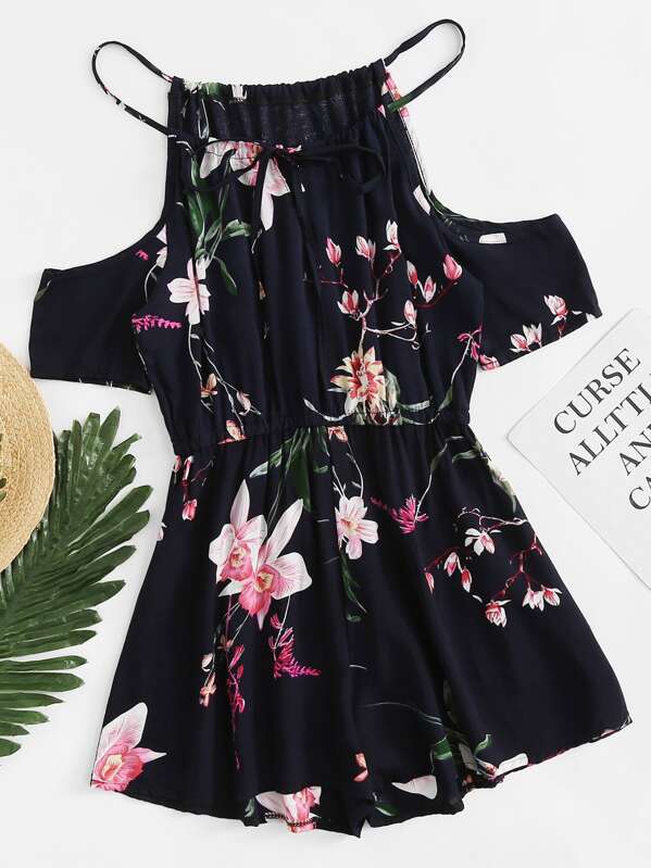 

Open Shoulder Floral Print Romper, Navy