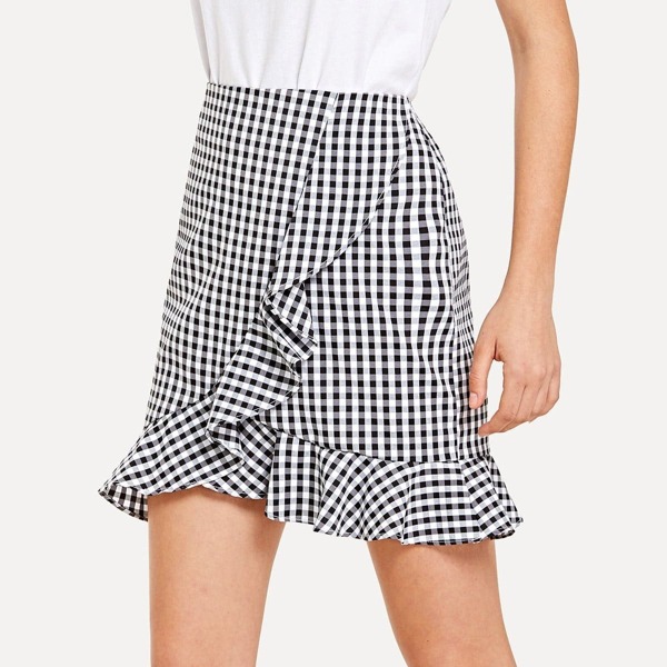 

Frill Trim Zip Up Back Gingham Skirt