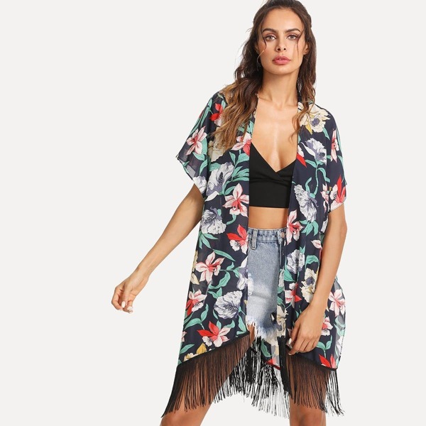 

Flower Print Fringe Hem Kimono, Multicolor