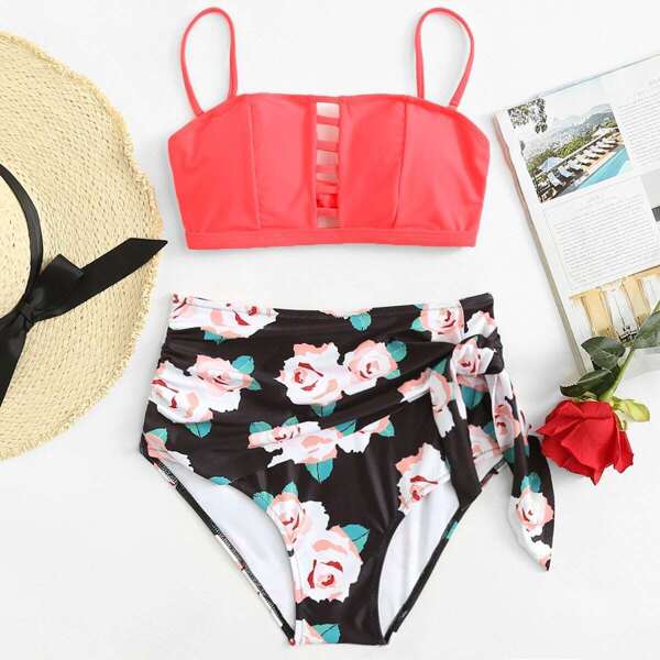 

Ladder Cut Out Top With Flower Ruched High-waist Bikini, Multicolor