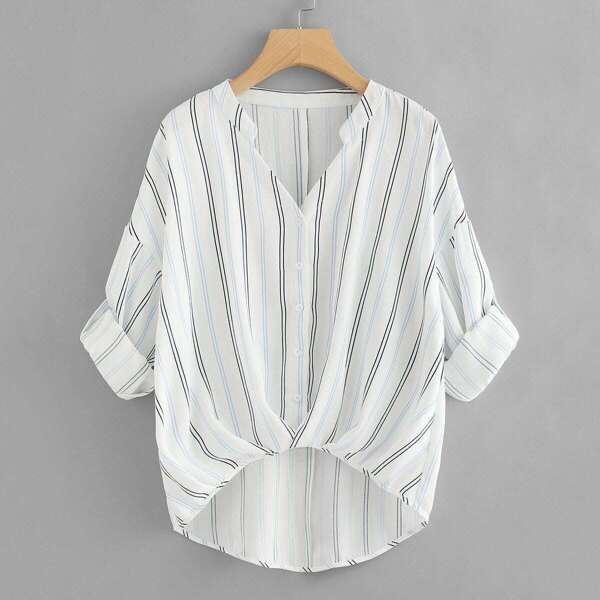 

Rolled Up Sleeve Striped Dip Hem Blouse