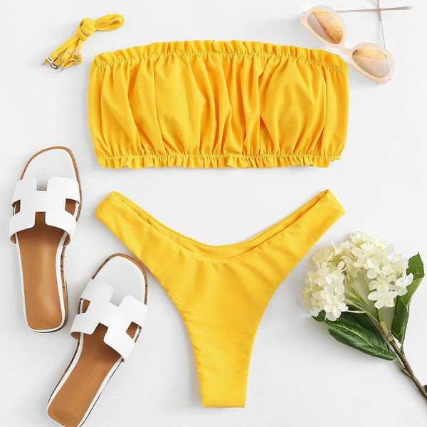 

Frill Trim Crinkle Bandeau With High Leg Bikini Set, Yellow