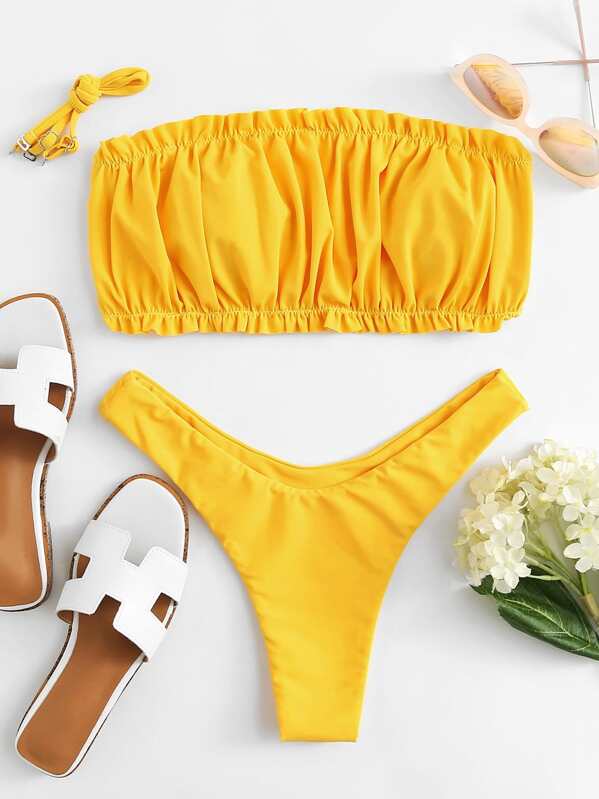 

Frill Trim Crinkle Bandeau With High Leg Bikini Set, Yellow