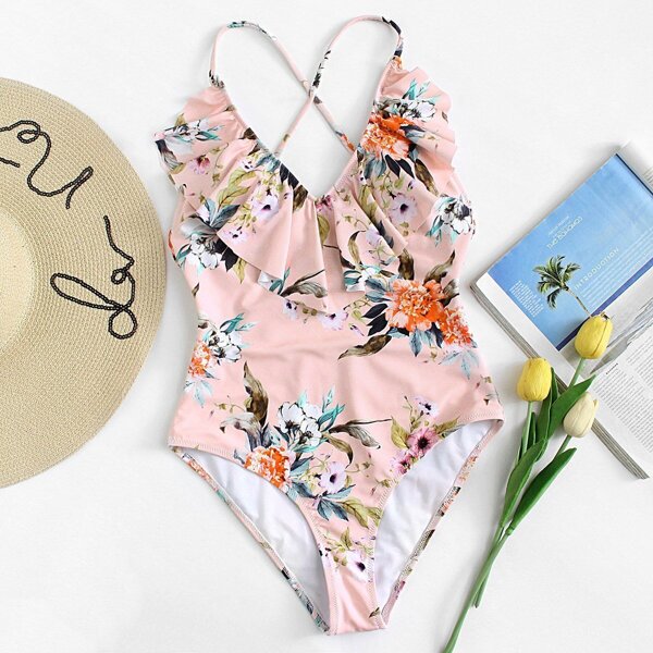 

Floral Print Cross Back Flounce One Piece Swimsuit