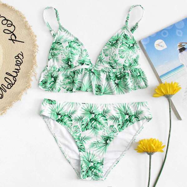 

Ruffle Hem Palm Leaf Print Bikini Set