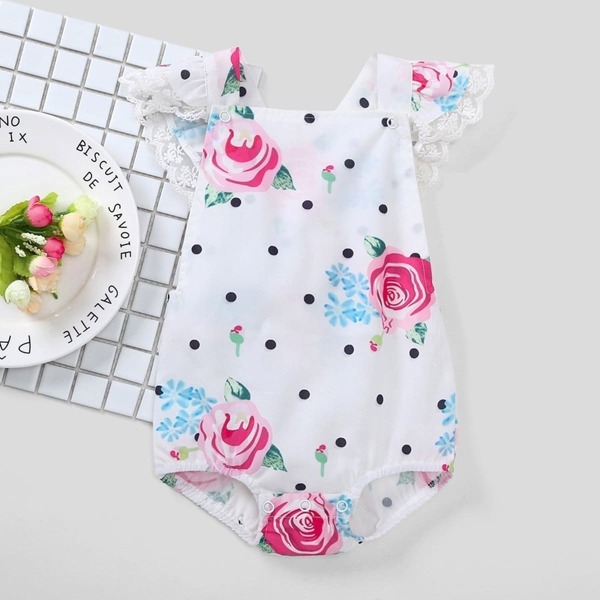 

Baby Girl Floral Print Lace Trim Bodysuit, Multicolor