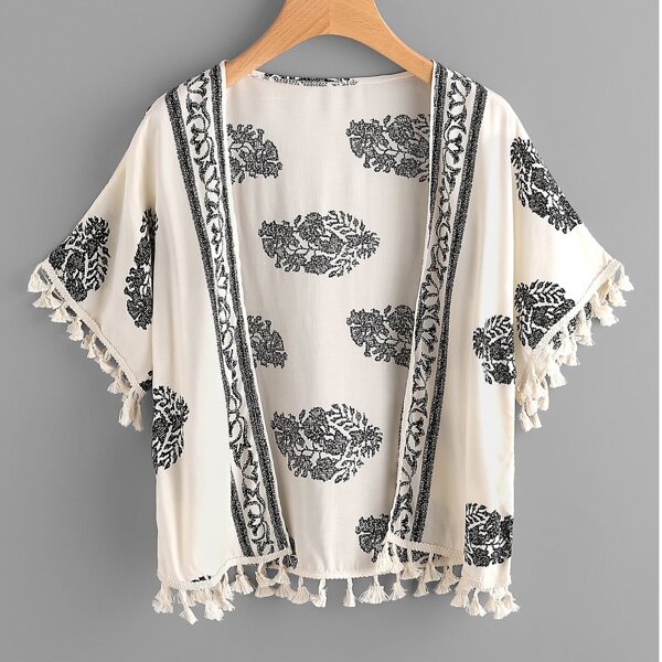 

Leaf Print Tassel Hem Kimono, Multicolor