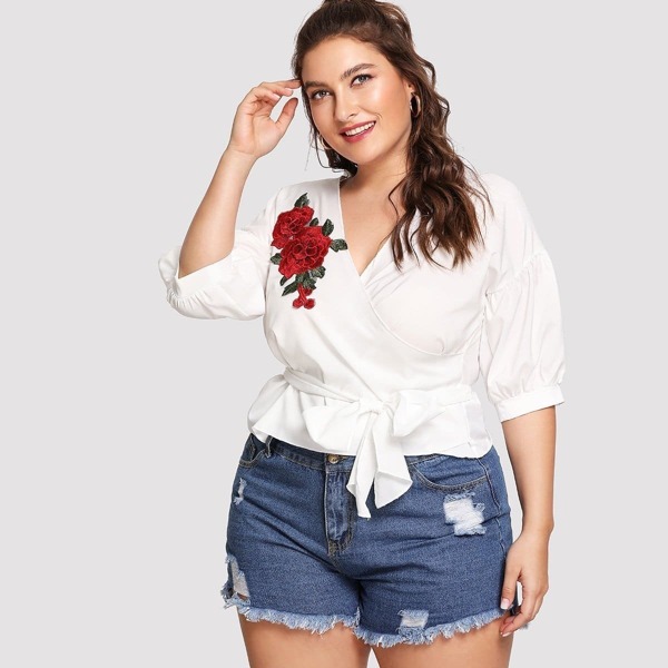 

Plus Rose Embroidery Knot Front Top, White