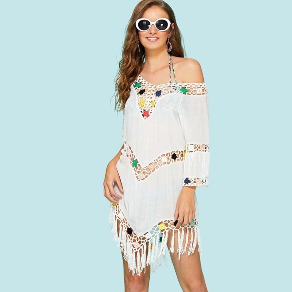 

Fringe Hem Hollow Out Dress, White