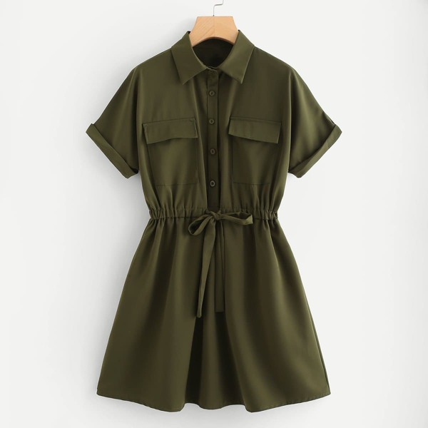 

Drawstring Waist Utility Shirt Dress, Army green