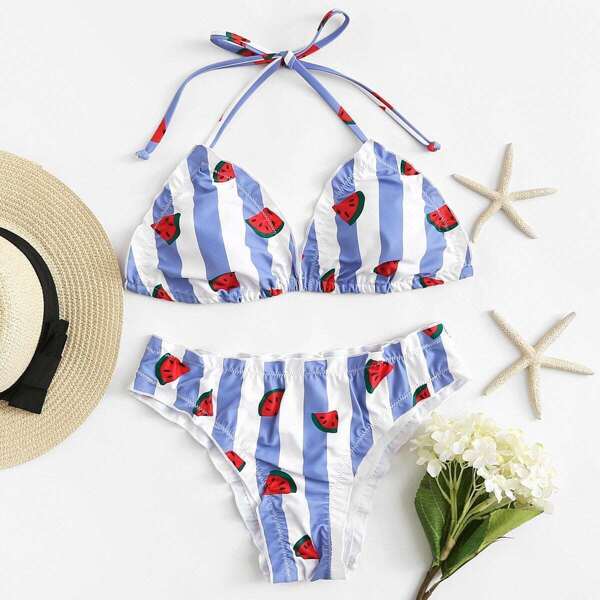 

Watermelon & Striped Print Halter Top With Frilled Bikini, Multicolor