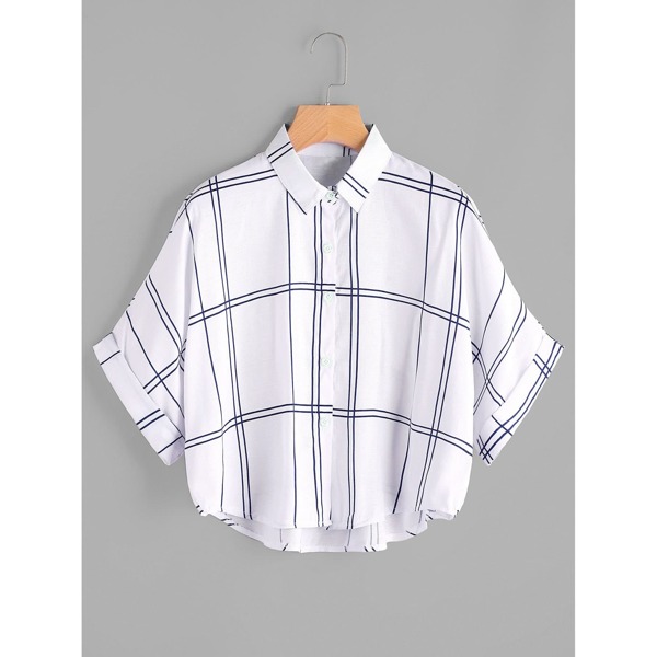

Plaid Dip Hem Roll Sleeve Blouse, Multicolor